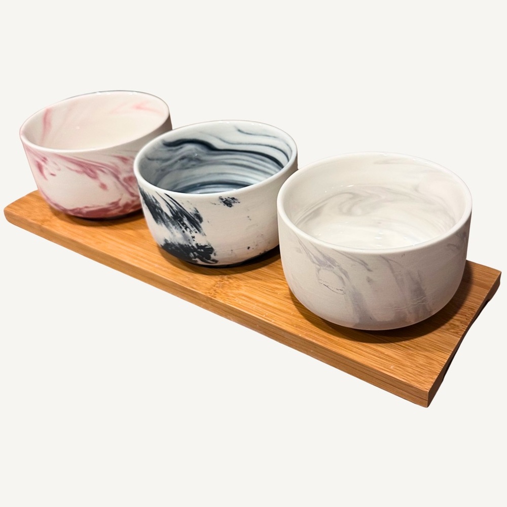 English Habitat Stoneware 3 Bowl Serving Tray with Marble Effect from England